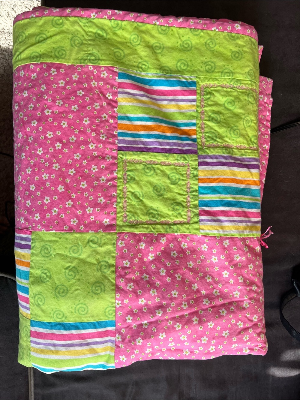 Pink & Lime Patchwork Quilt - Floral and Striped Design - handmade twin